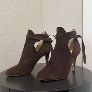 JIMMY CHOO Marina Tie Strap Brown Suede Booties, Size 36.5 (US- 6)